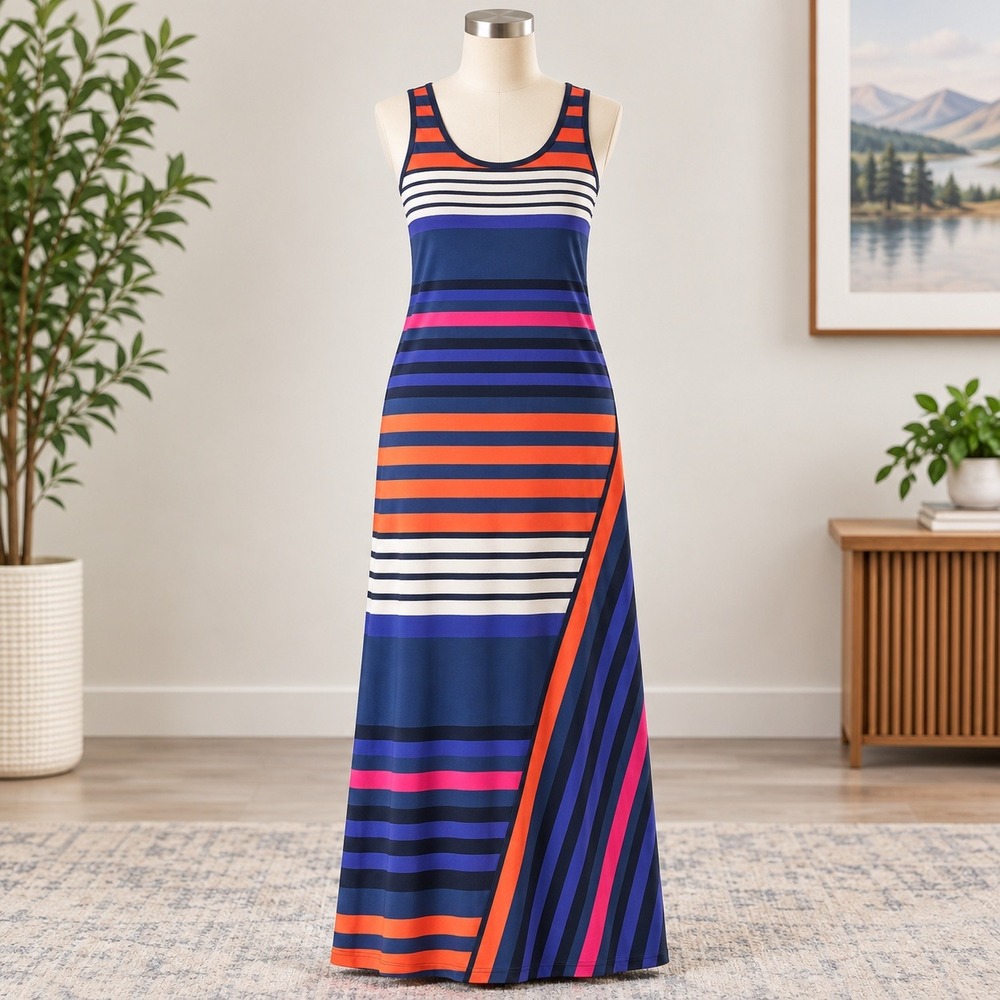 Calvin Klein Maxi Dress Womens 6 Multicolor Striped Sleeveless Geometric Stretch